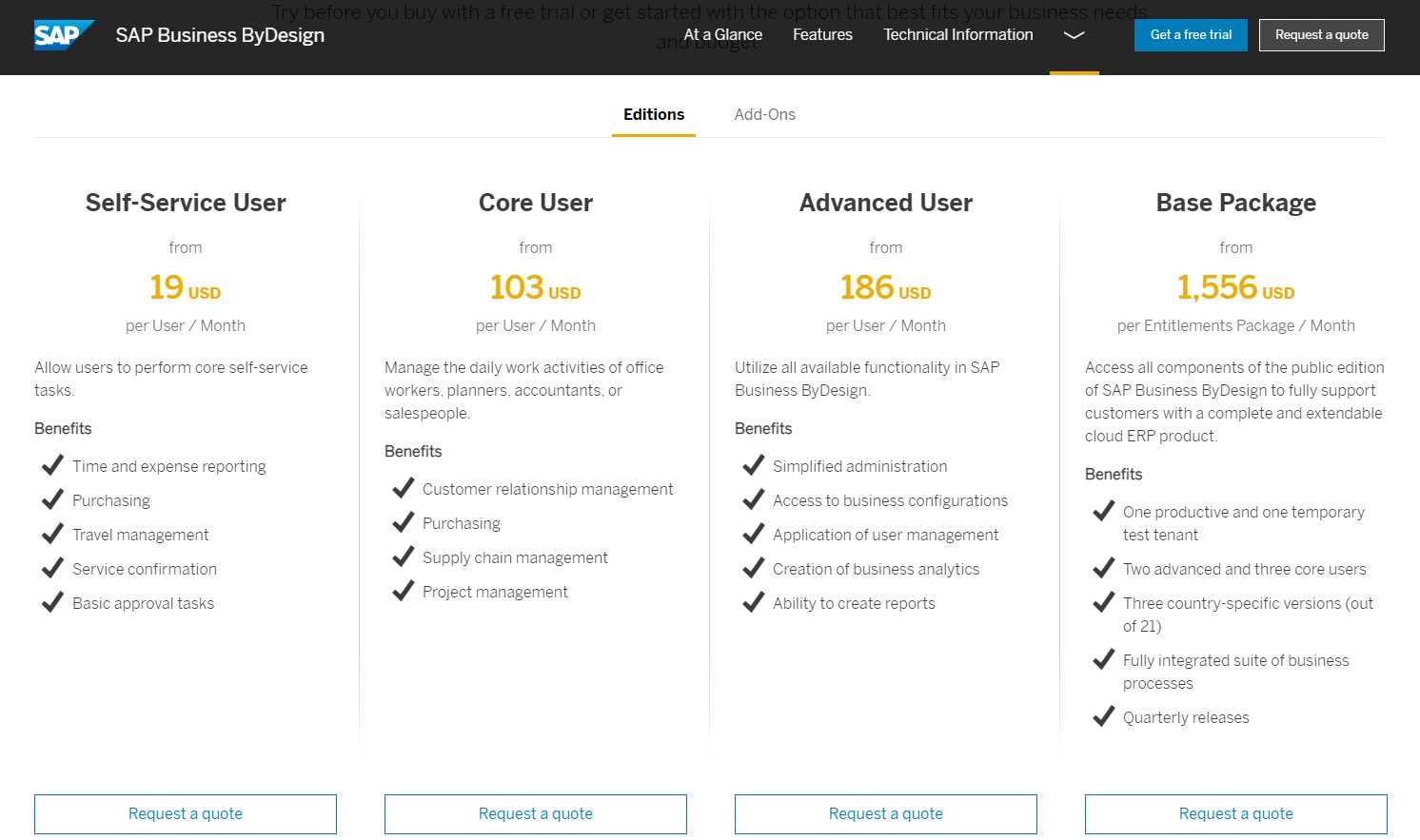 SAP offers both licensing and subscription plans, as well as a 30-day free trial.