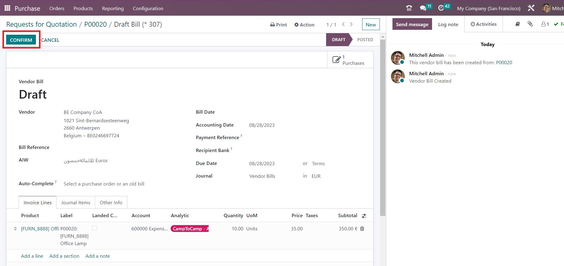 Step 8: Validate the Purchase Order and Create a Bill - Midis - 17