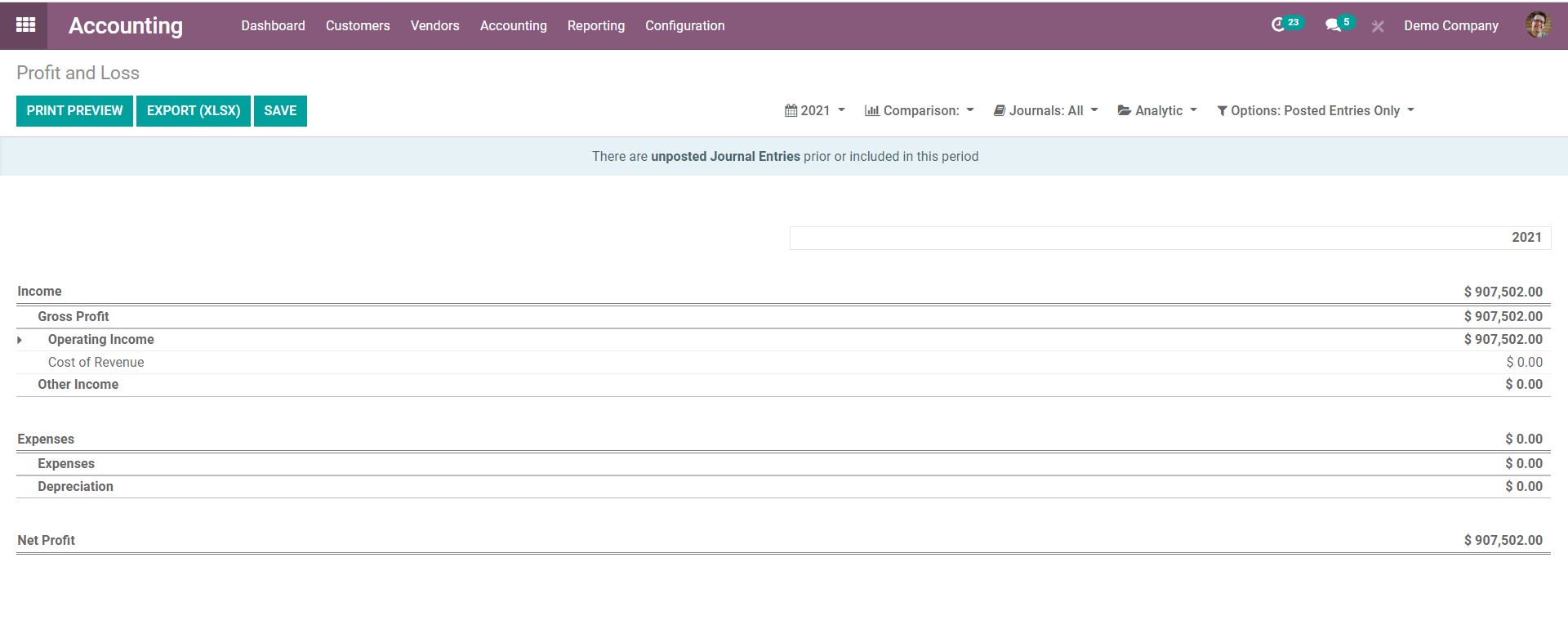 Odoo Accounting - Profit and Loss