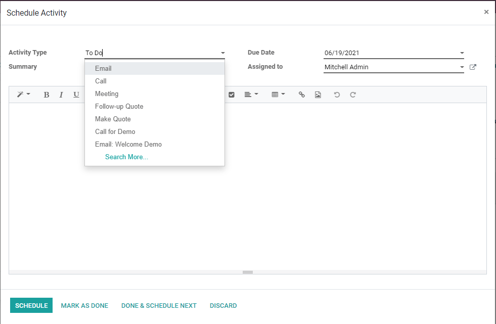 Odoo CRM system allows to create sales activities.