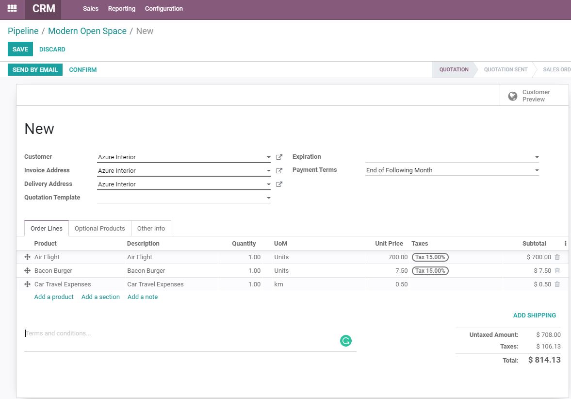 Odoo CRM: Allows create a professionally designed sales quotation in the customer card.