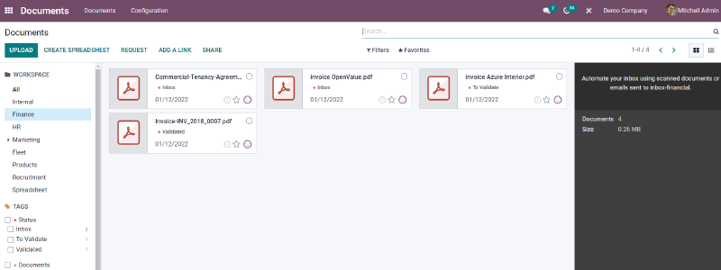 Odoo ERP Documents module, paperless feature