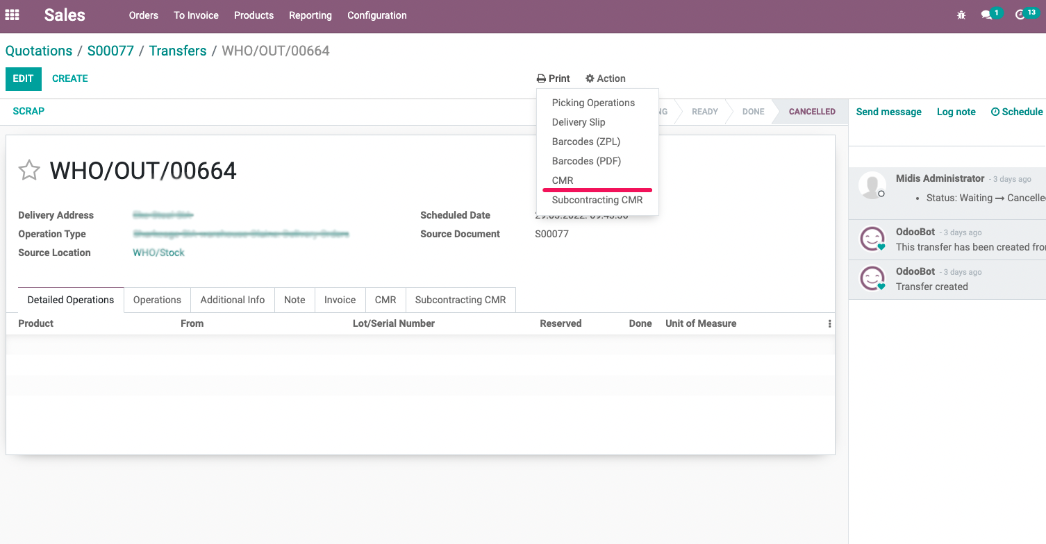 Odoo CMR supporting documents for transport creation