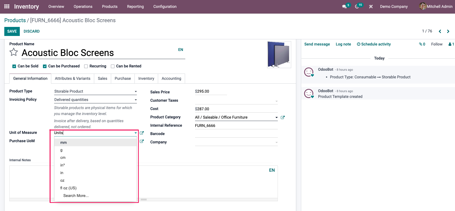 Odoo ERP Unit measure list on product page